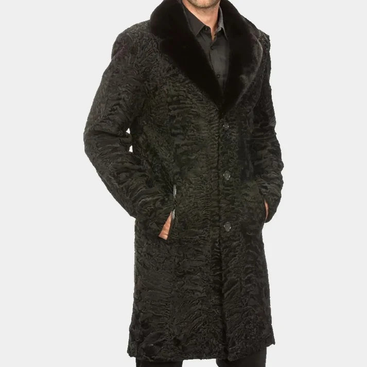 Men's Black Persian Lamb Fur Long Coat – Mink Fur Collar Made-to-Measure