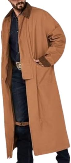 Men's Old Cowboy Full Length Duster Coats - Western Cotton Long Trench Coat for Men