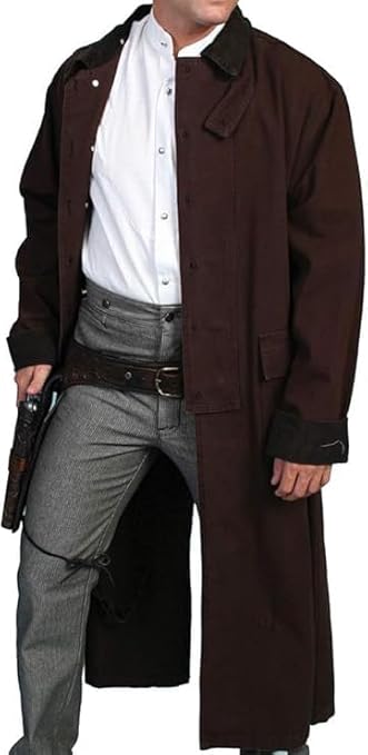 Men's Old Cowboy Full Length Duster Coats - Western Cotton Long Trench Coat for Men