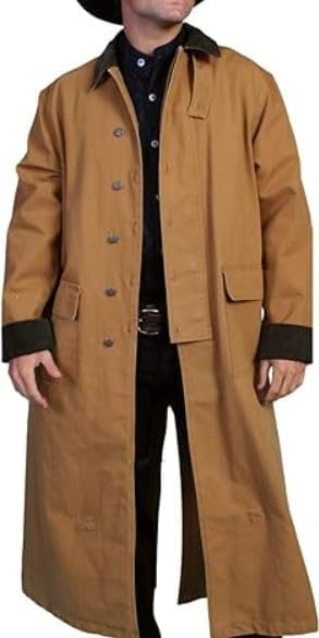Men's Old Cowboy Full Length Duster Coats - Western Cotton Long Trench Coat for Men