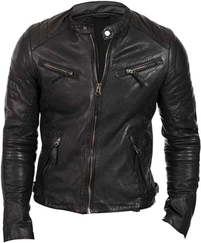 Men's Slim Fit Café Racer Biker Distressed Moto Jacket
