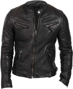 Men's Slim Fit Café Racer Biker Distressed Moto Jacket