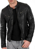 Men's Slim Fit Café Racer Biker Distressed Moto Jacket