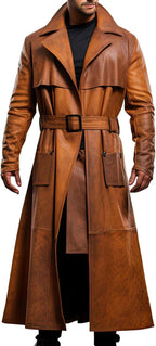 Men’s Real Leather Peanut Coat - Brown Long Trench Coat Full Length Costume for Men