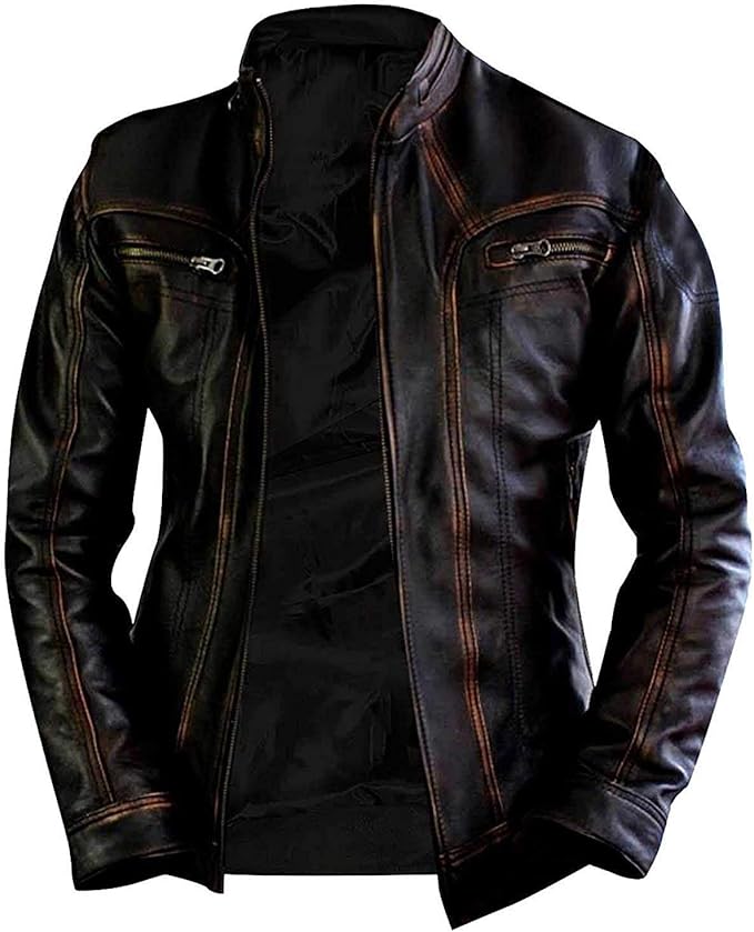 Men's Slim Fit Café Racer Biker Distressed Moto Jacket