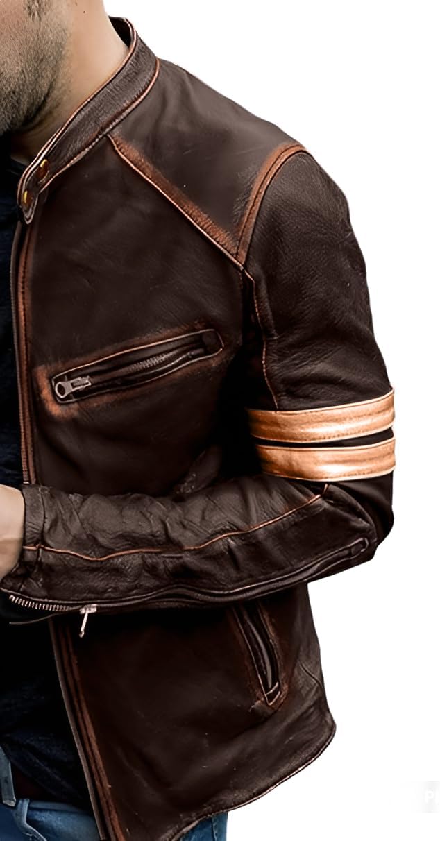 Men's Slim Fit Café Racer Biker Distressed Moto Jacket