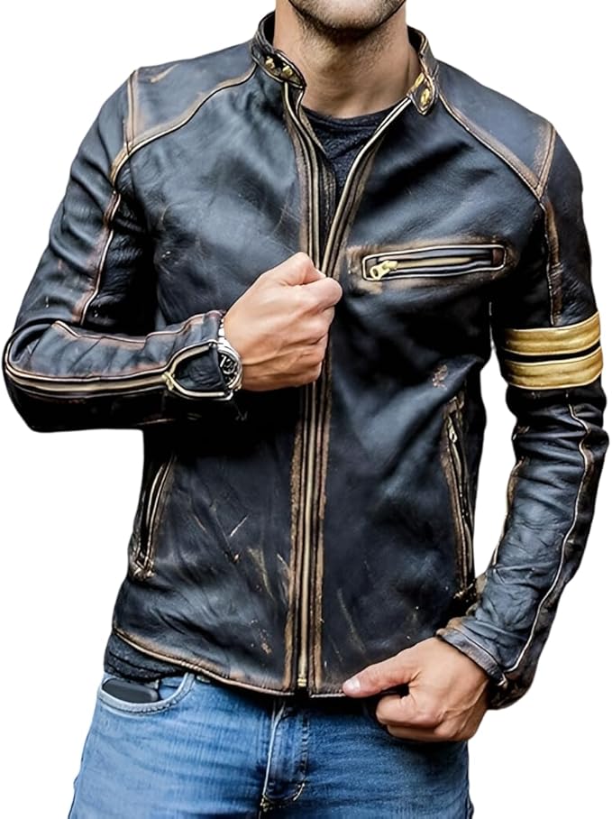 Men's Slim Fit Café Racer Biker Distressed Moto Jacket