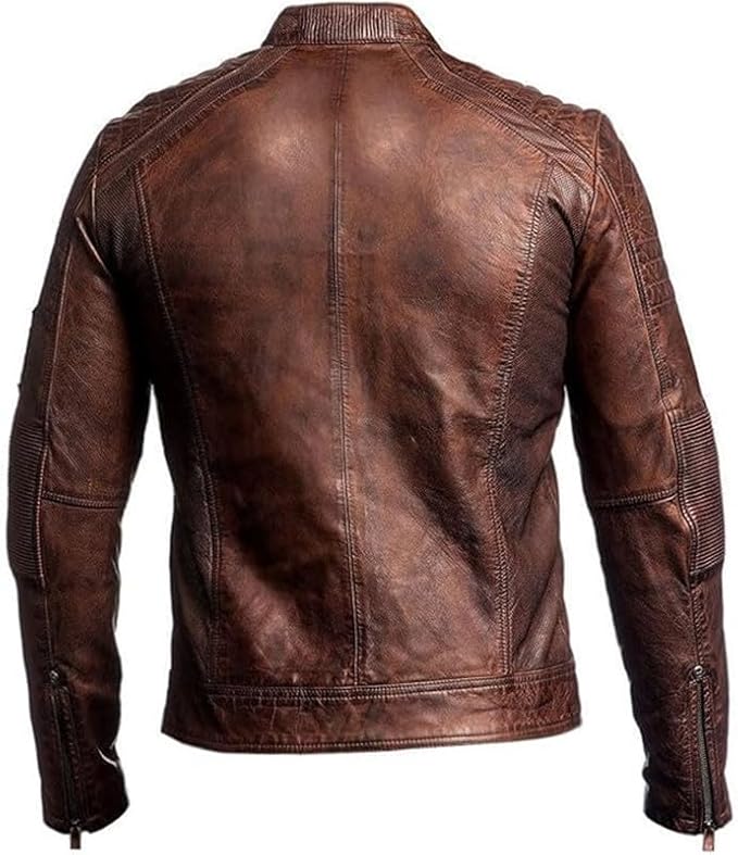 Men's Slim Fit Café Racer Biker Distressed Moto Jacket