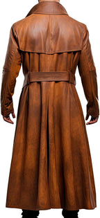 Men’s Real Leather Peanut Coat - Brown Long Trench Coat Full Length Costume for Men