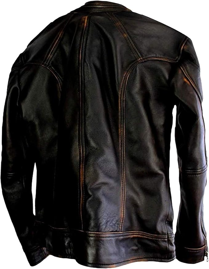 Men's Slim Fit Café Racer Biker Distressed Moto Jacket