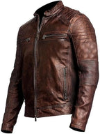 Men's Slim Fit Café Racer Biker Distressed Moto Jacket