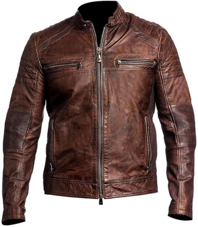 Men's Slim Fit Café Racer Biker Distressed Moto Jacket