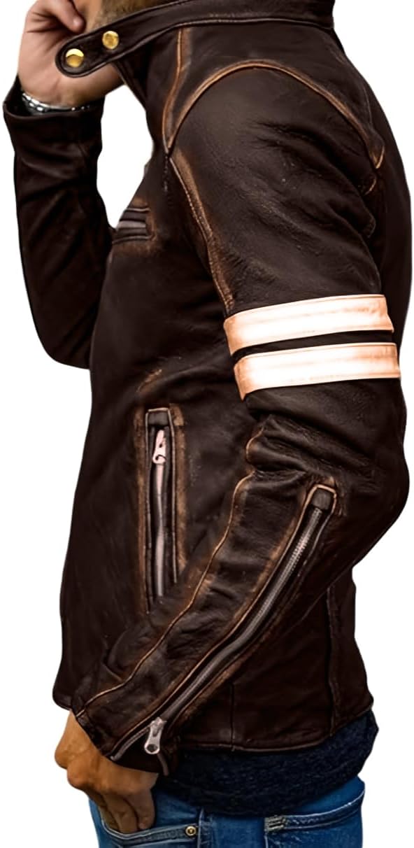 Men's Slim Fit Café Racer Biker Distressed Moto Jacket