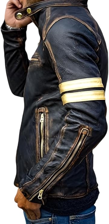 Men's Slim Fit Café Racer Biker Distressed Moto Jacket