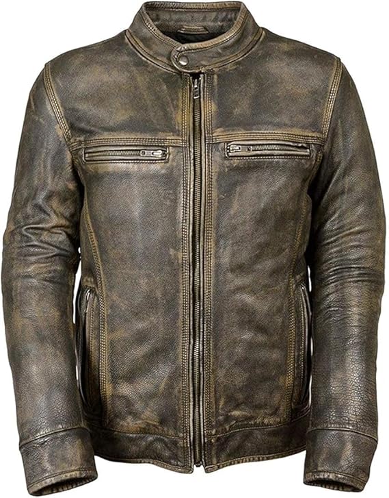 Men's Slim Fit Café Racer Biker Distressed Moto Jacket