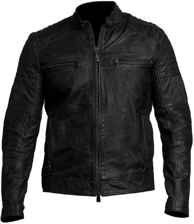 Men's Slim Fit Café Racer Biker Distressed Moto Jacket