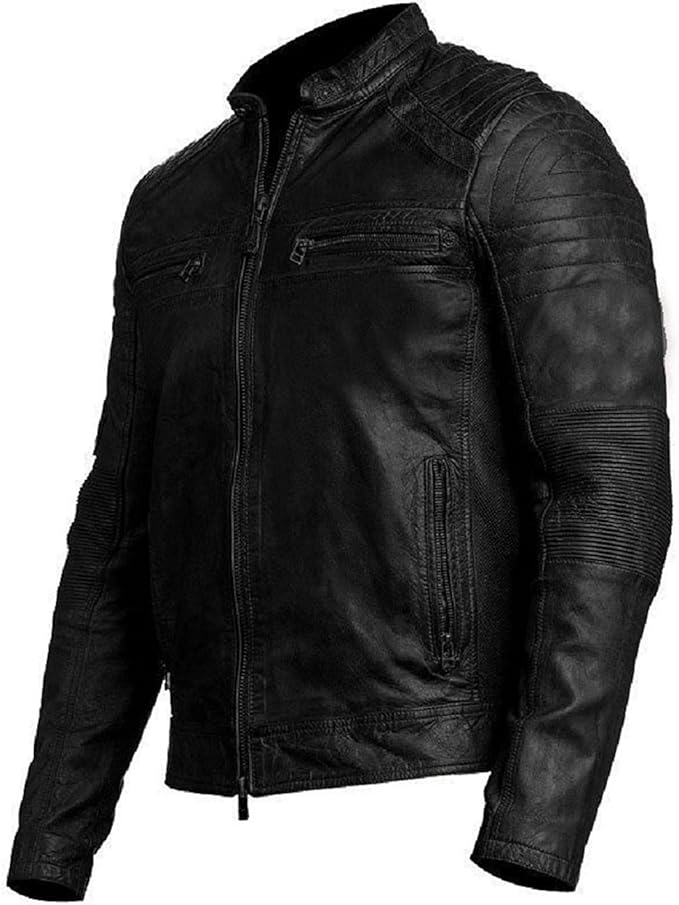 Men's Slim Fit Café Racer Biker Distressed Moto Jacket