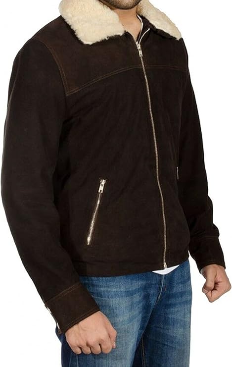 Suede Leather Brown Mens Fur Collar Jacket for Men