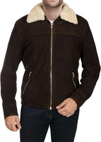 Suede Leather Brown Mens Fur Collar Jacket for Men