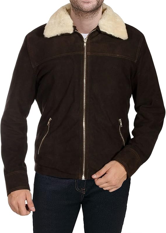 Suede Leather Brown Mens Fur Collar Jacket for Men