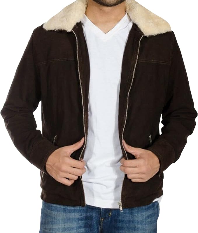 Suede Leather Brown Mens Fur Collar Jacket for Men