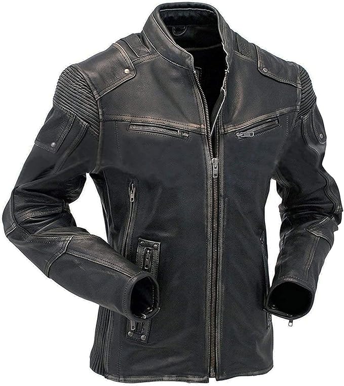 Men's Slim Fit Café Racer Biker Distressed Moto Jacket