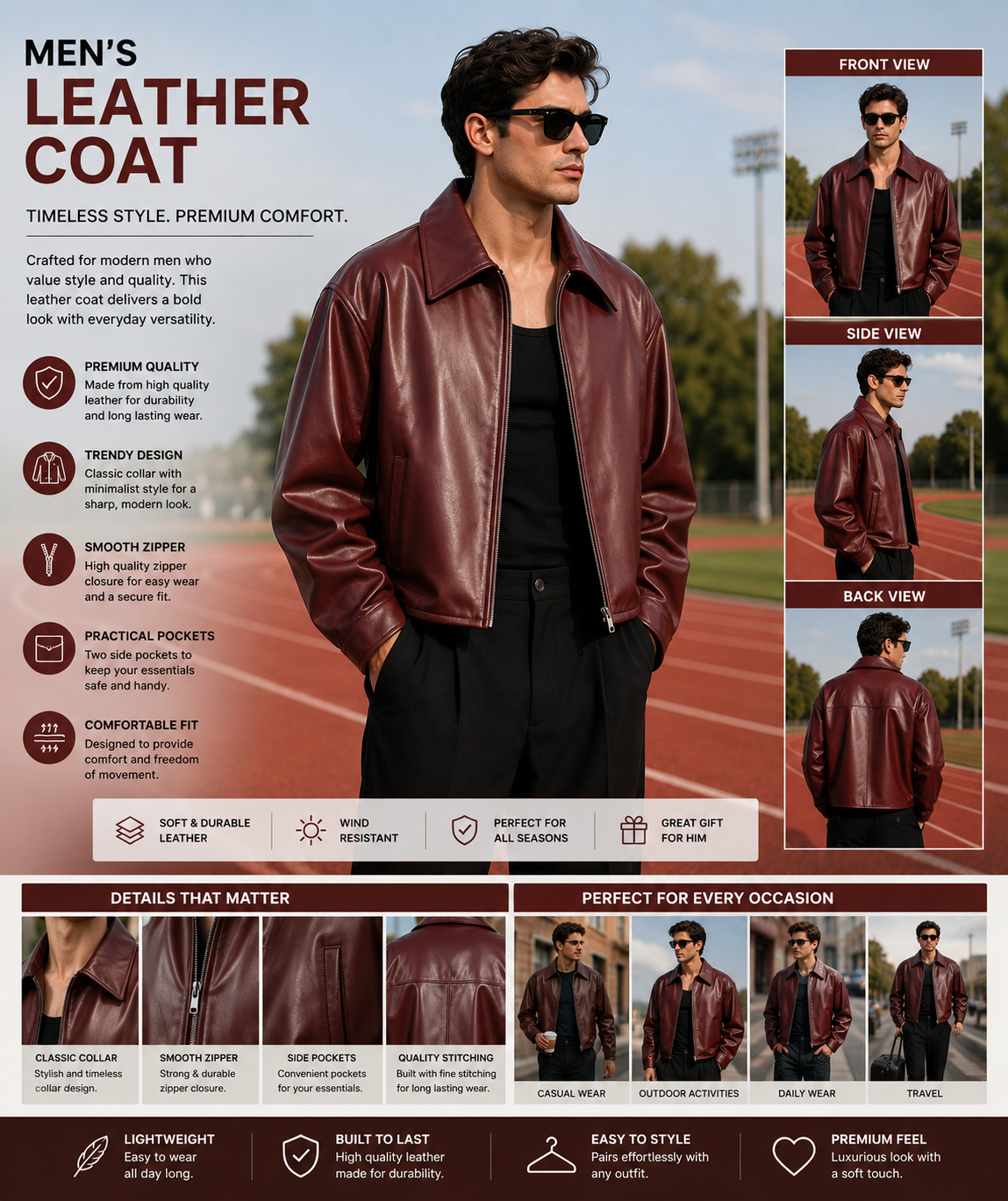 Men’s Burgundy Leather Jacket – Classic Leather Jacket with Wide Collar