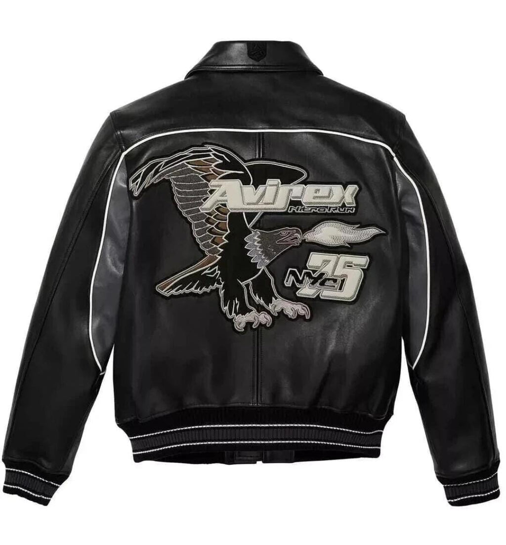 Avirex Men’s Nitro Run NYC 75 Eagle Patch Black Bomber Leather Jacket