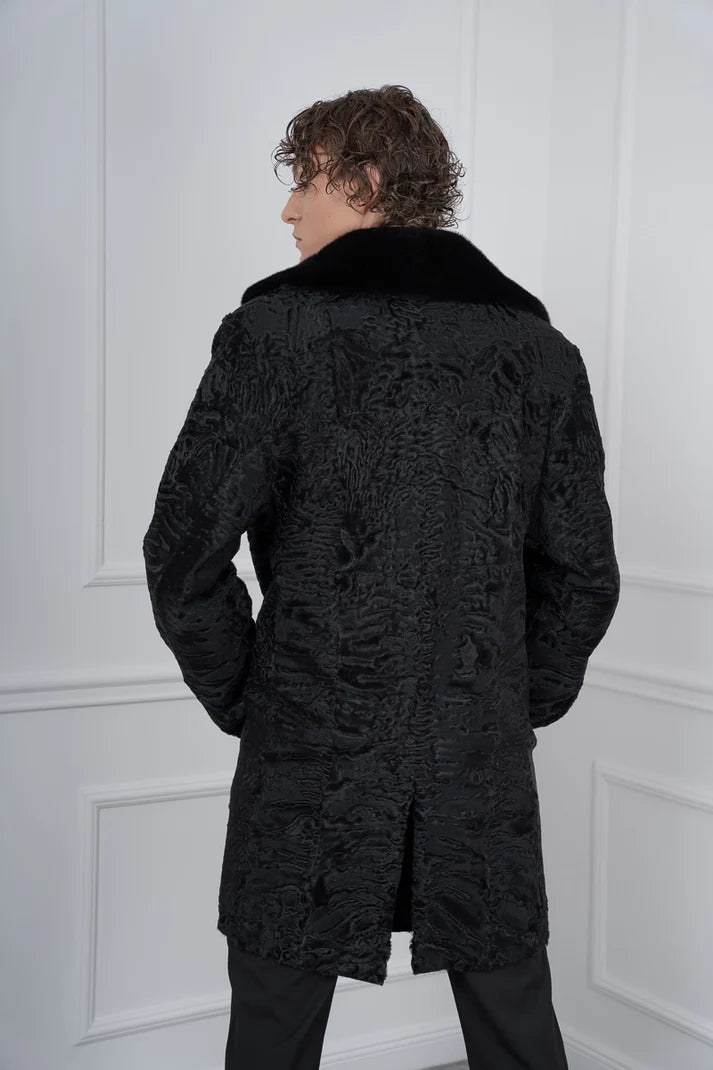 Men's Black Persian Lamb Coat – Mink Fur Collar Double-Breasted Overcoat