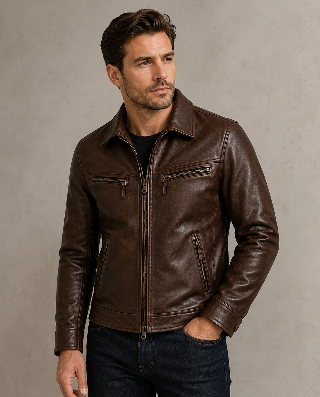 Men’s Brown Leather Jacket – Classic Slim Fit Motorcycle Biker Jacket with Multiple Zipper Pockets