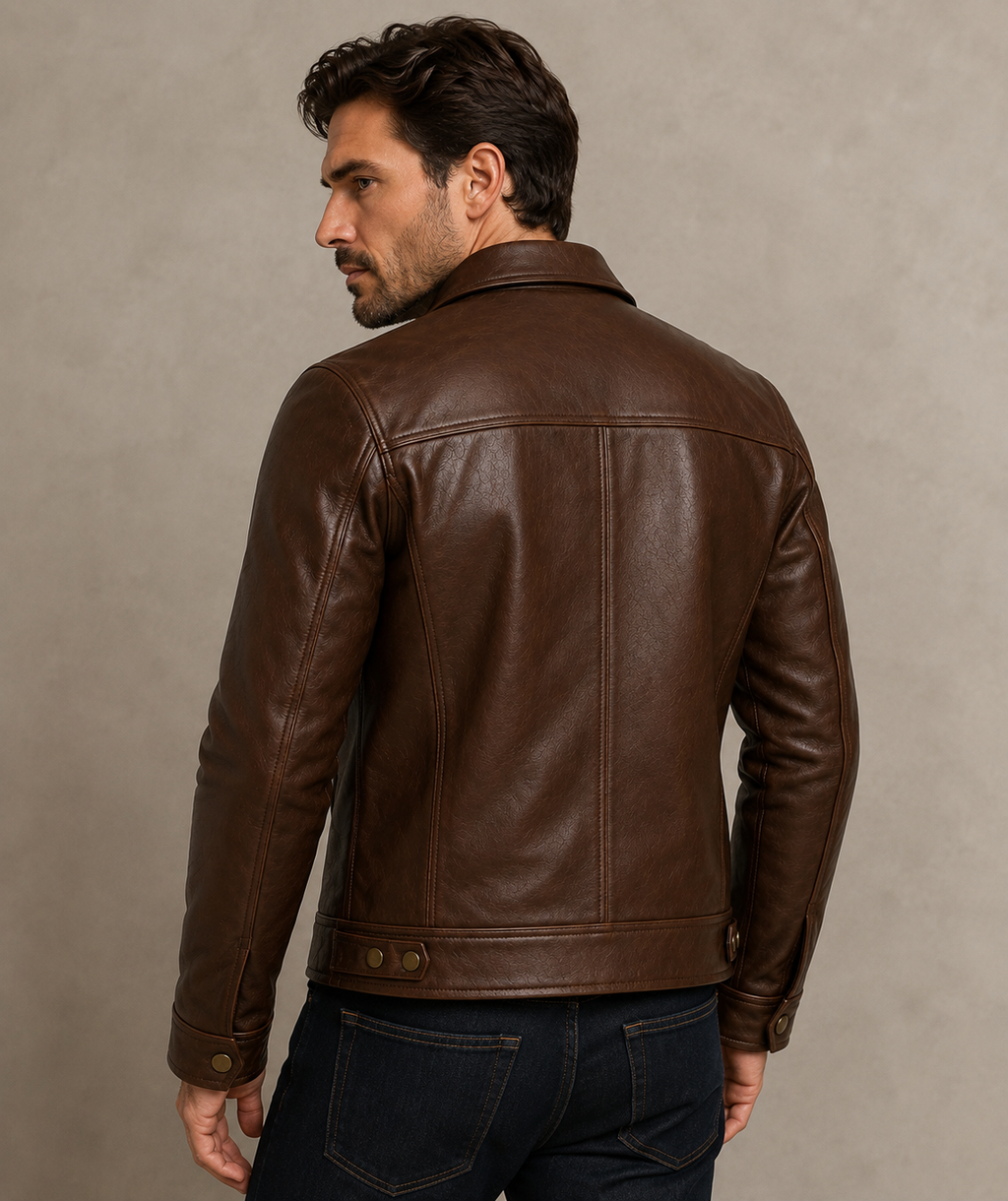 Men’s Brown Leather Jacket – Classic Slim Fit Motorcycle Biker Jacket with Multiple Zipper Pockets