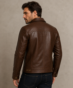 Men’s Brown Leather Jacket – Classic Slim Fit Motorcycle Biker Jacket with Multiple Zipper Pockets