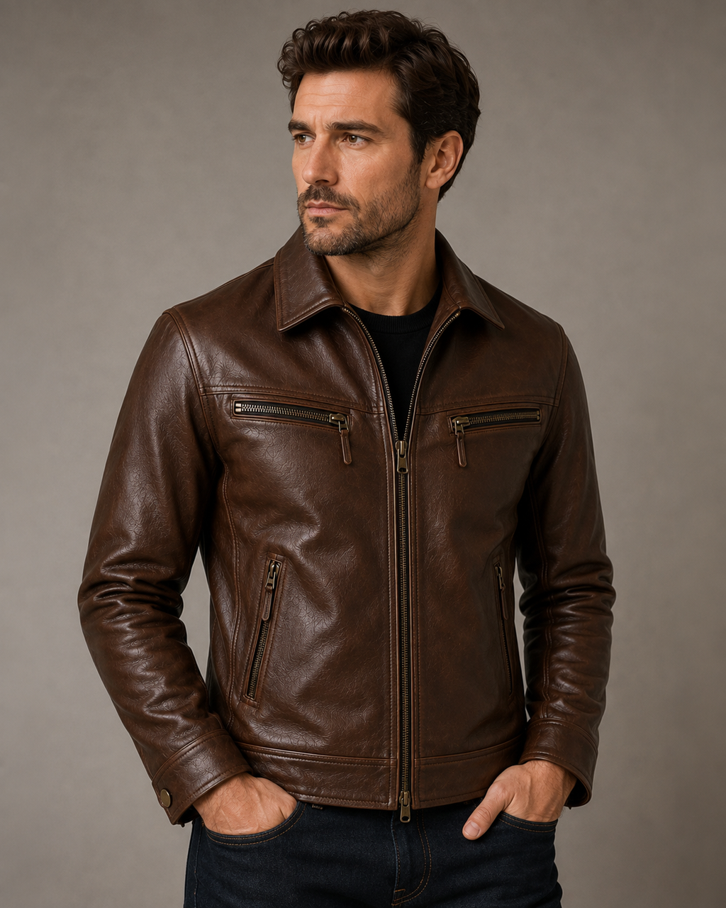 Men’s Brown Leather Jacket – Classic Slim Fit Motorcycle Biker Jacket with Multiple Zipper Pockets