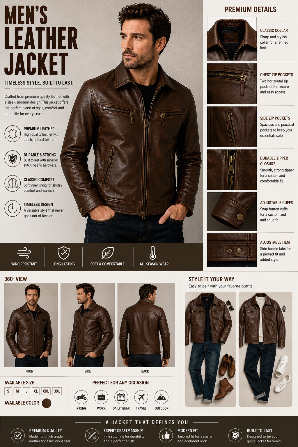 Men’s Brown Leather Jacket – Classic Slim Fit Motorcycle Biker Jacket with Multiple Zipper Pockets