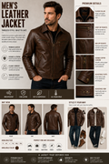 Men’s Brown Leather Jacket – Classic Slim Fit Motorcycle Biker Jacket with Multiple Zipper Pockets