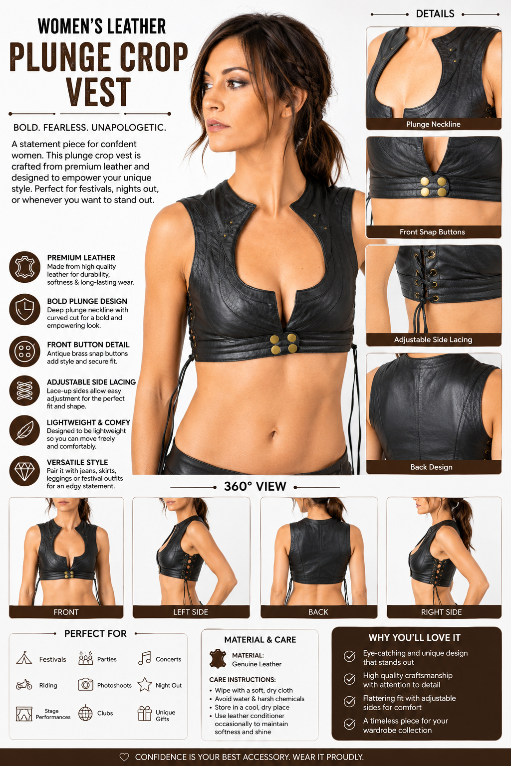 Women’s Black Leather Vest Top – Cropped Sleeveless Motorcycle Fashion Vest with Lace-Up Sides