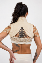 Women’s Beige Leather Vest – Cropped Sleeveless Biker Vest with Braided Shoulder Straps