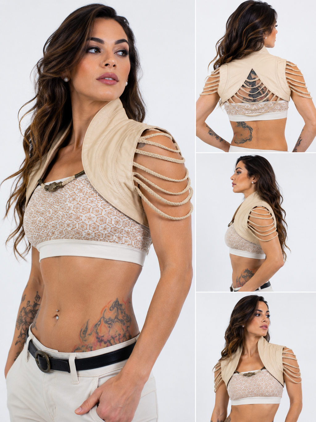 Women’s Beige Leather Vest – Cropped Sleeveless Biker Vest with Braided Shoulder Straps