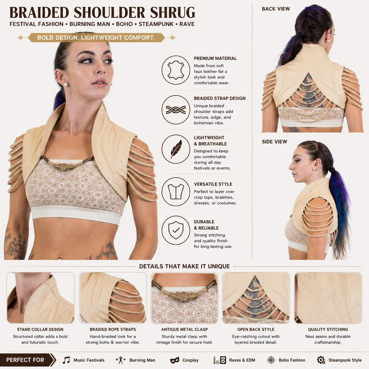 Women’s Beige Leather Vest – Cropped Sleeveless Biker Vest with Braided Shoulder Straps
