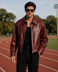 Men’s Burgundy Leather Jacket – Classic Leather Jacket with Wide Collar