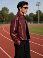 Men’s Burgundy Leather Jacket – Classic Leather Jacket with Wide Collar