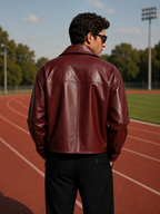 Men’s Burgundy Leather Jacket – Classic Leather Jacket with Wide Collar