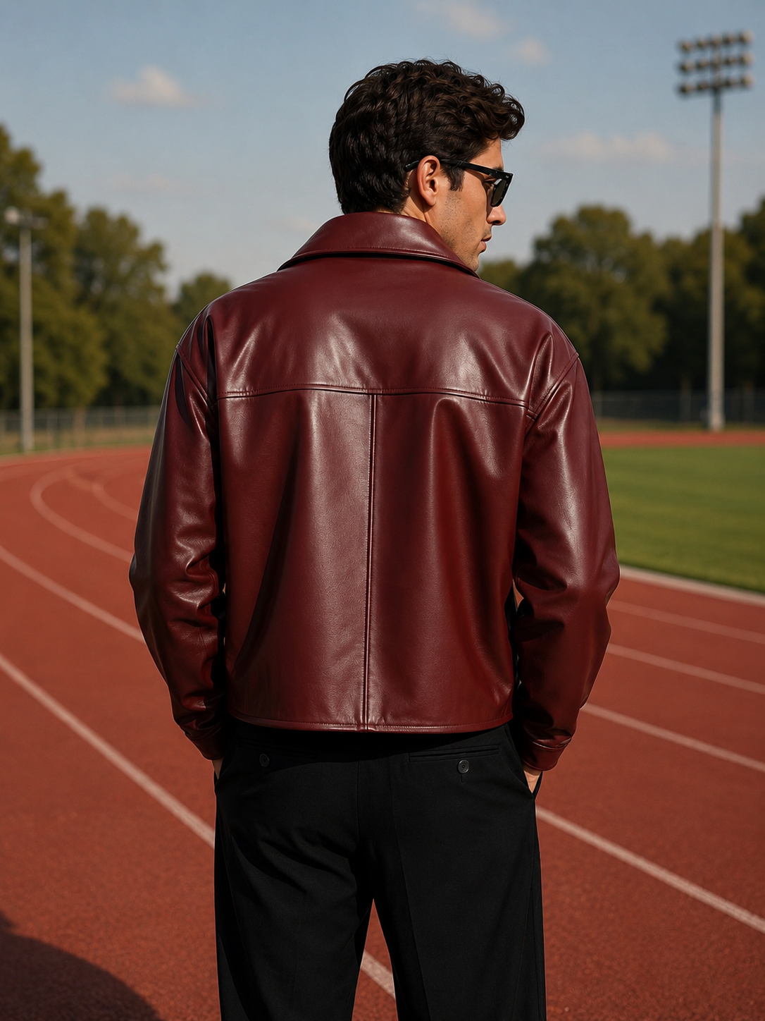 Men’s Burgundy Leather Jacket – Classic Leather Jacket with Wide Collar