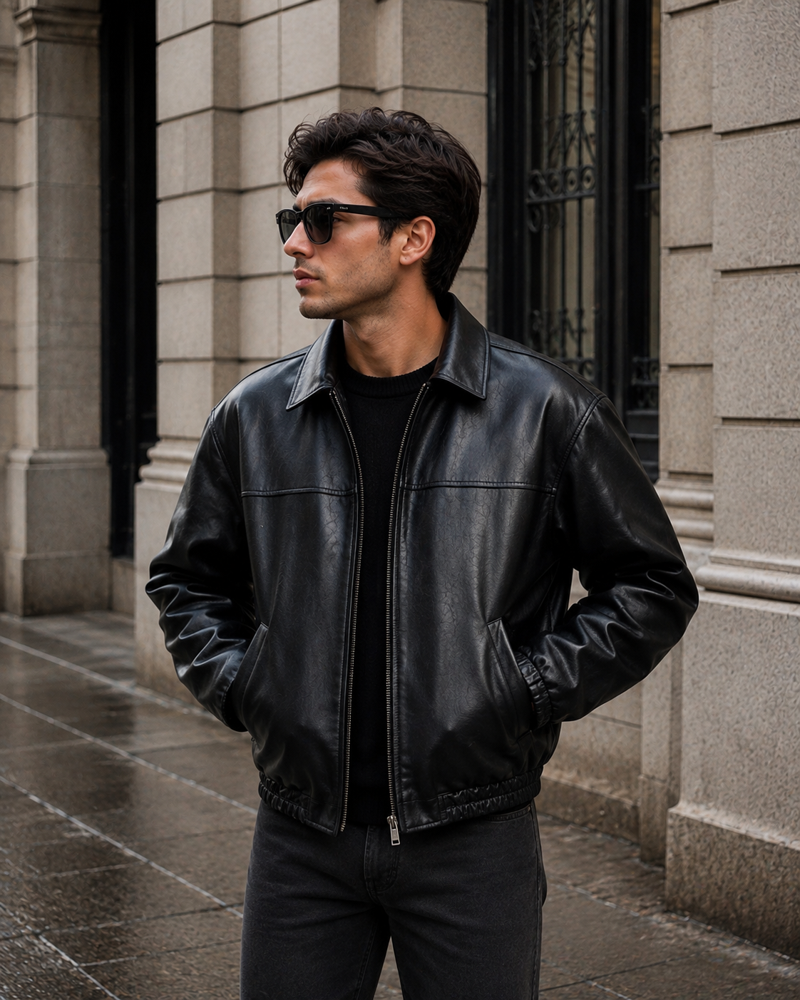 Men's Black Leather Bomber Jacket