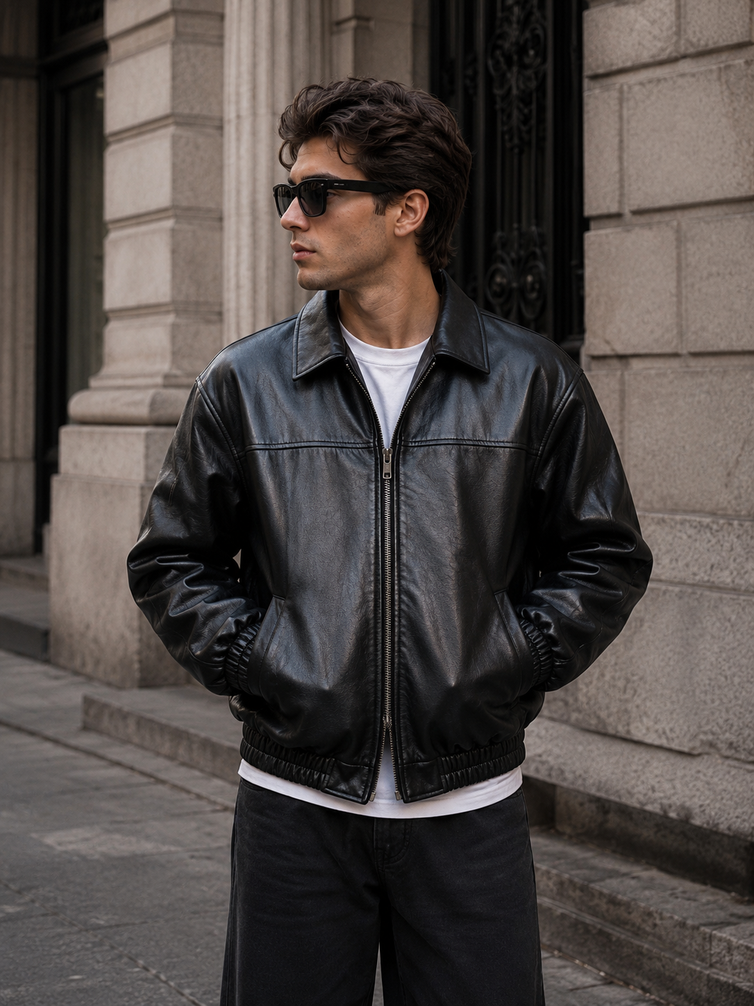 Men's Black Leather Bomber Jacket