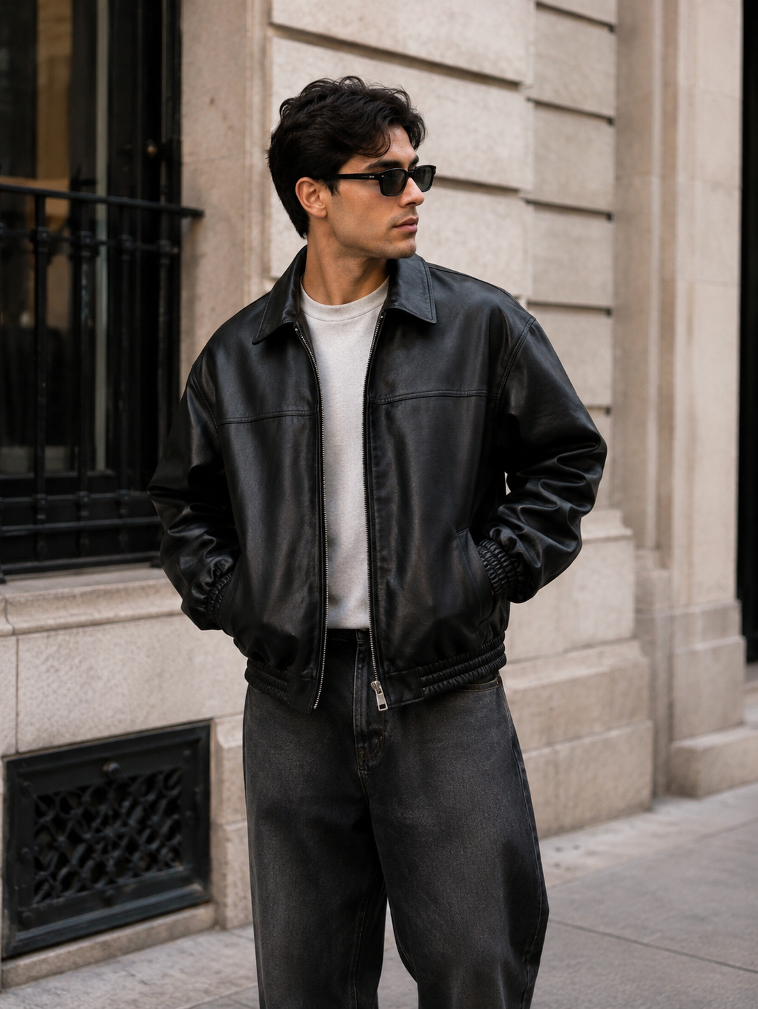 Men's Black Leather Bomber Jacket