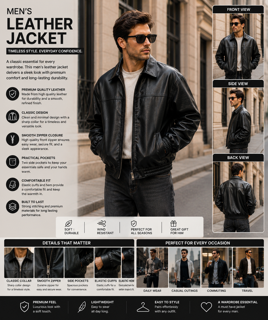 Men's Black Leather Bomber Jacket