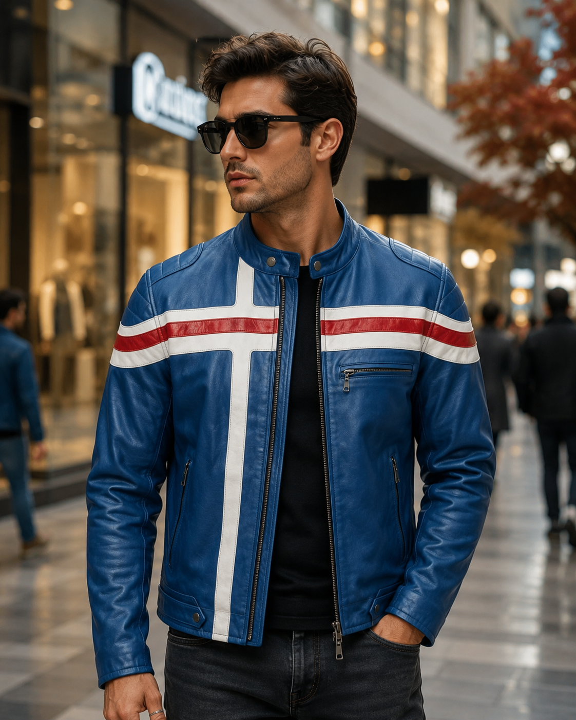 Men's Blue Leather Racing Jacket