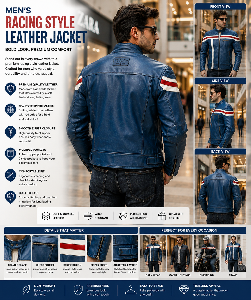 Men's Blue Leather Racing Jacket