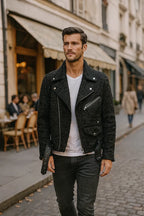 Men's Black Persian Karakul Fur Biker Jacket – Luxury Textured Moto Jacket